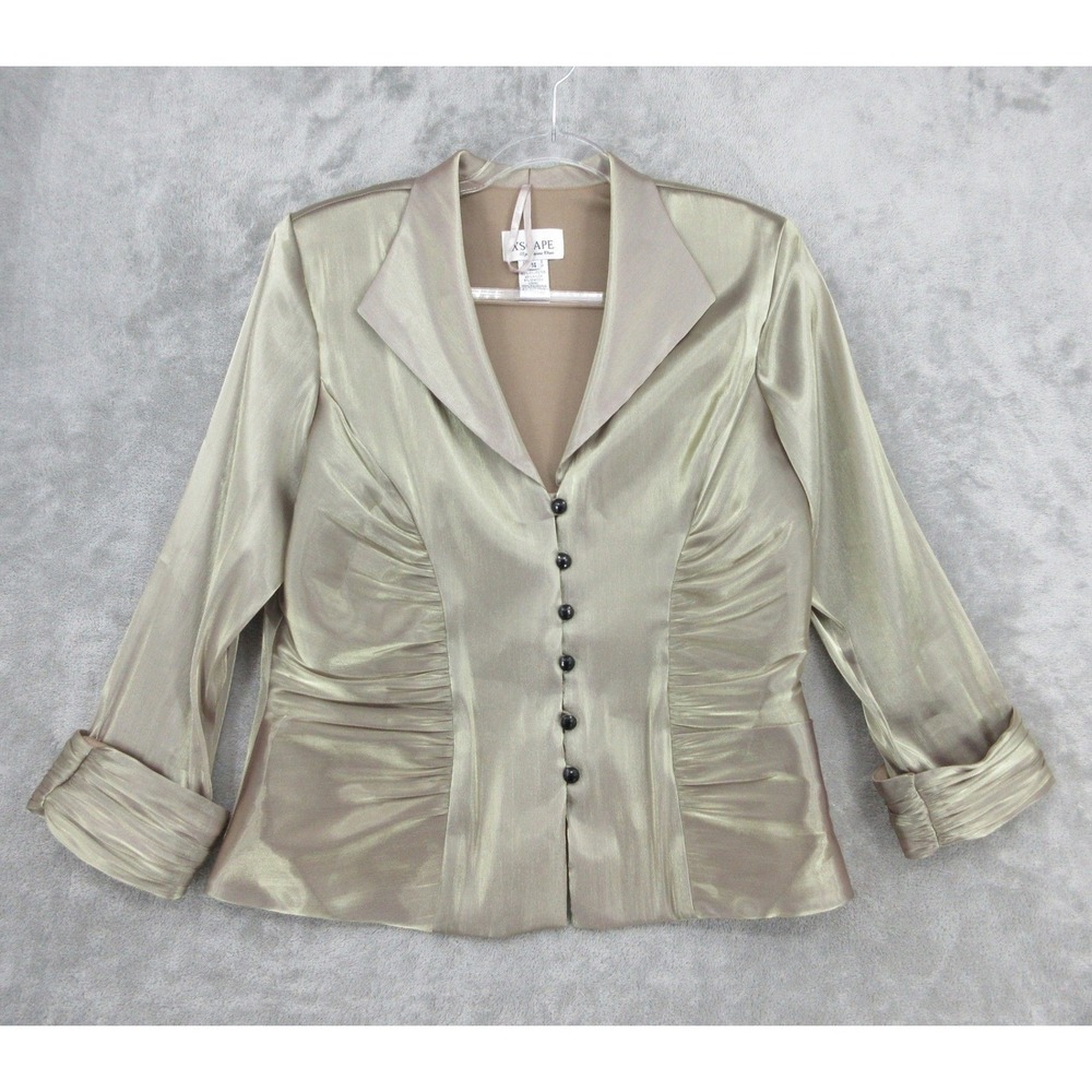 XSCAPE Blouse Womens 14 Champagne Gold Shimmer Ruched Button Party Evening Event